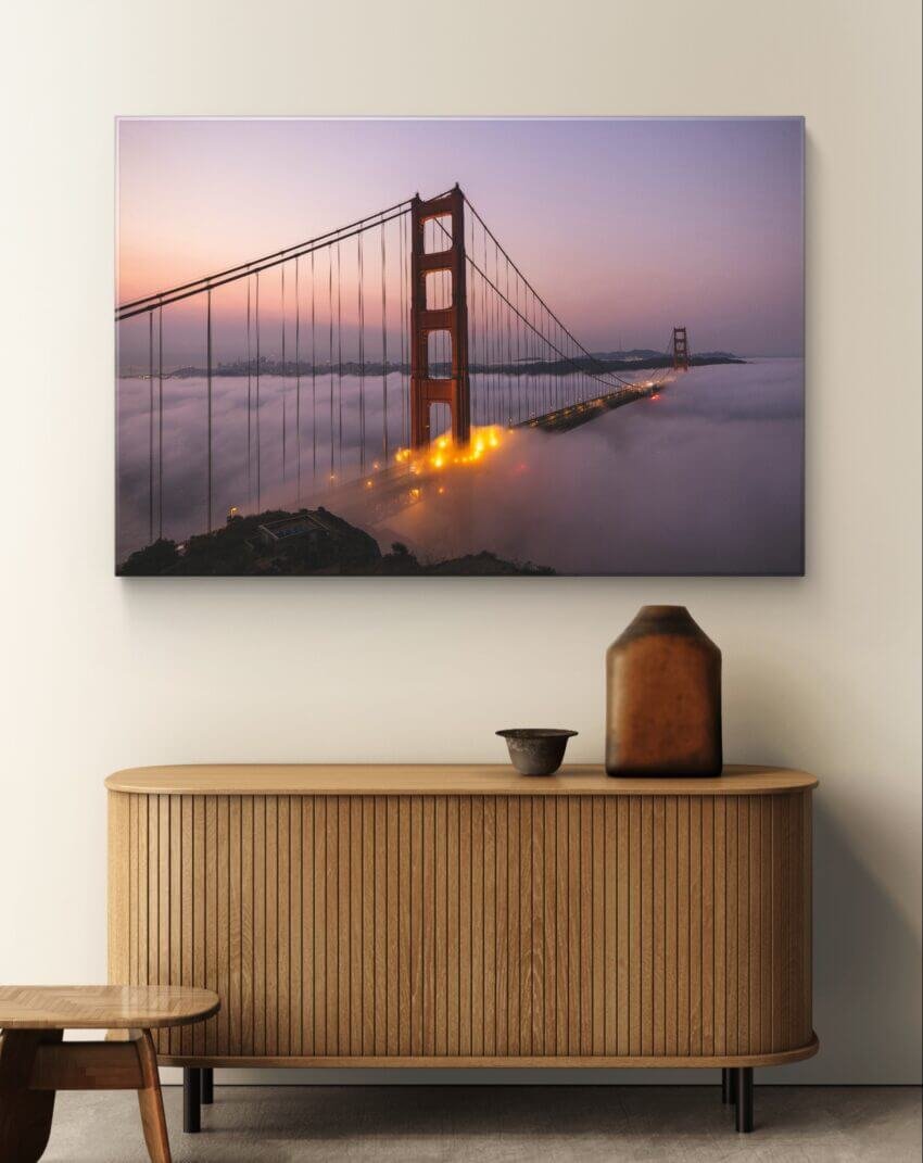 Golden Bridge Sunset Fog Wall Art Print - Image 3