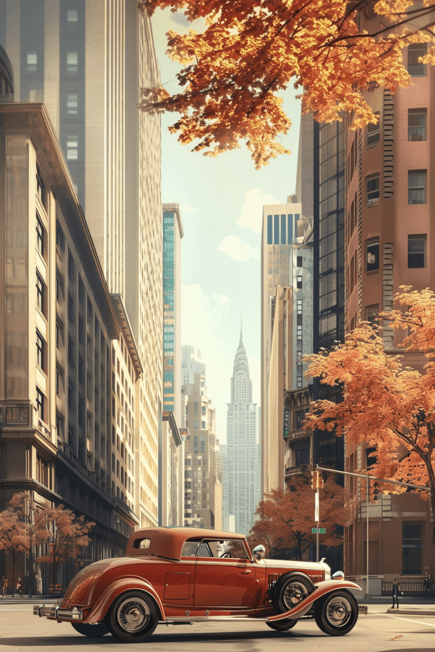 Autumn Drive: Classic Car in City Wallpaper Mural