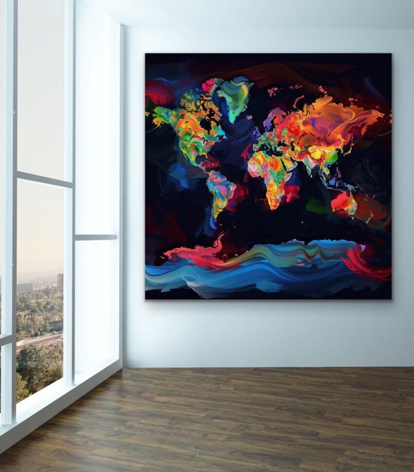 Neon Swirl World Map Wall Art Hanging - Image 3