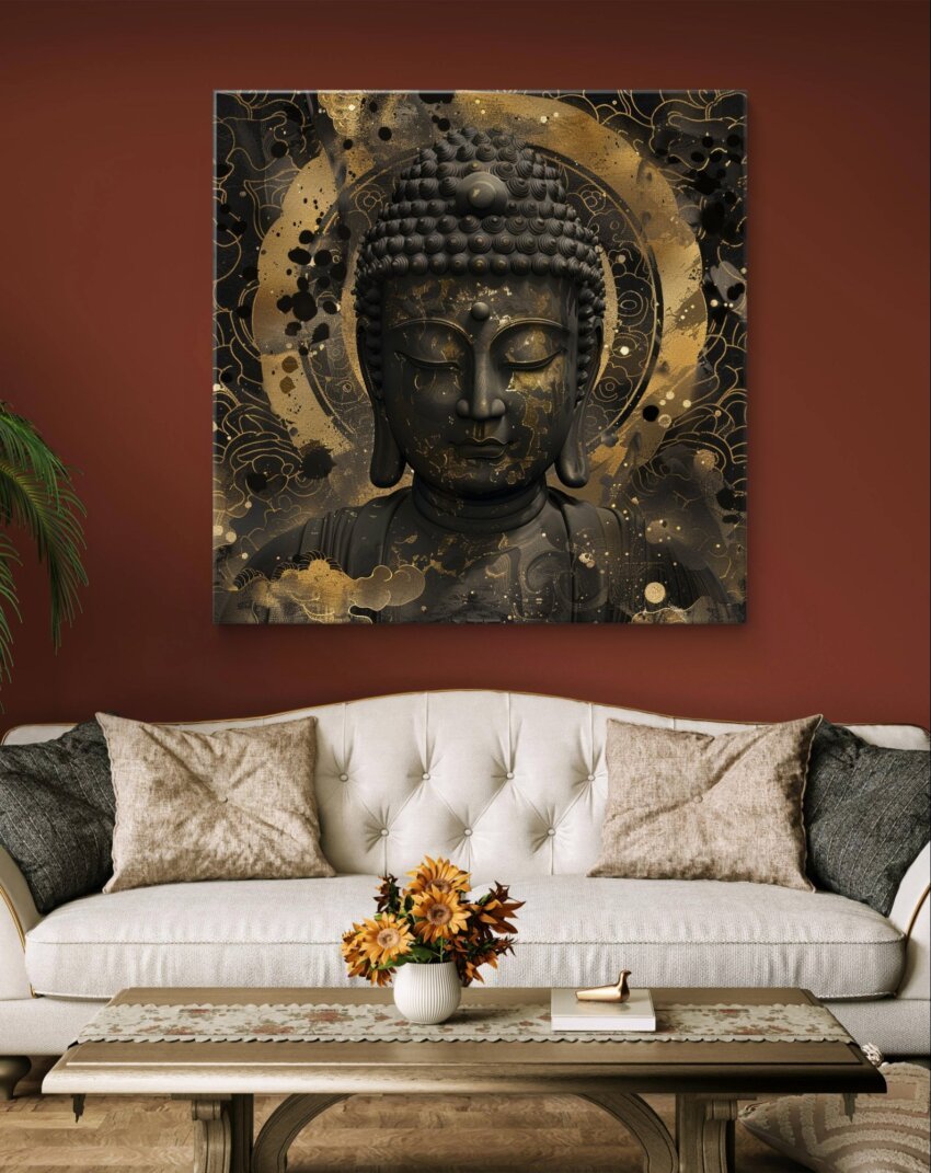 3D Black & Gold Buddha in an Artistic Effect Wall Art - Image 2