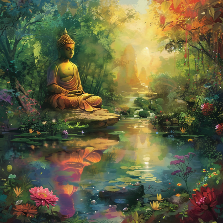 Meditating Buddha Theme in a Calm and Serene Nature Background Wall Print