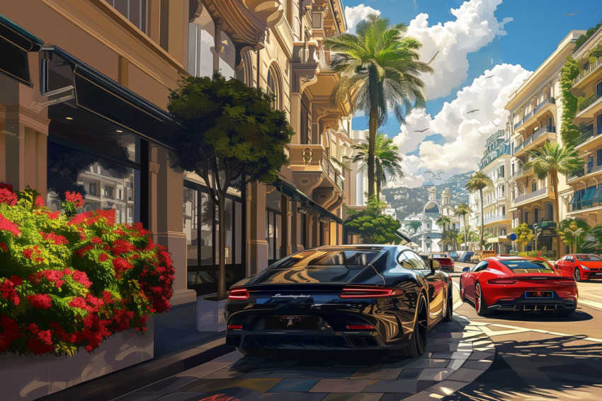 Lamborghini on a Lush California Street Landscape Wallpaper Mural