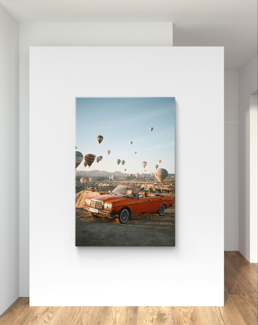 Orange Convertible and Hot Air Balloons at Dawn Wall Art Print - Image 2