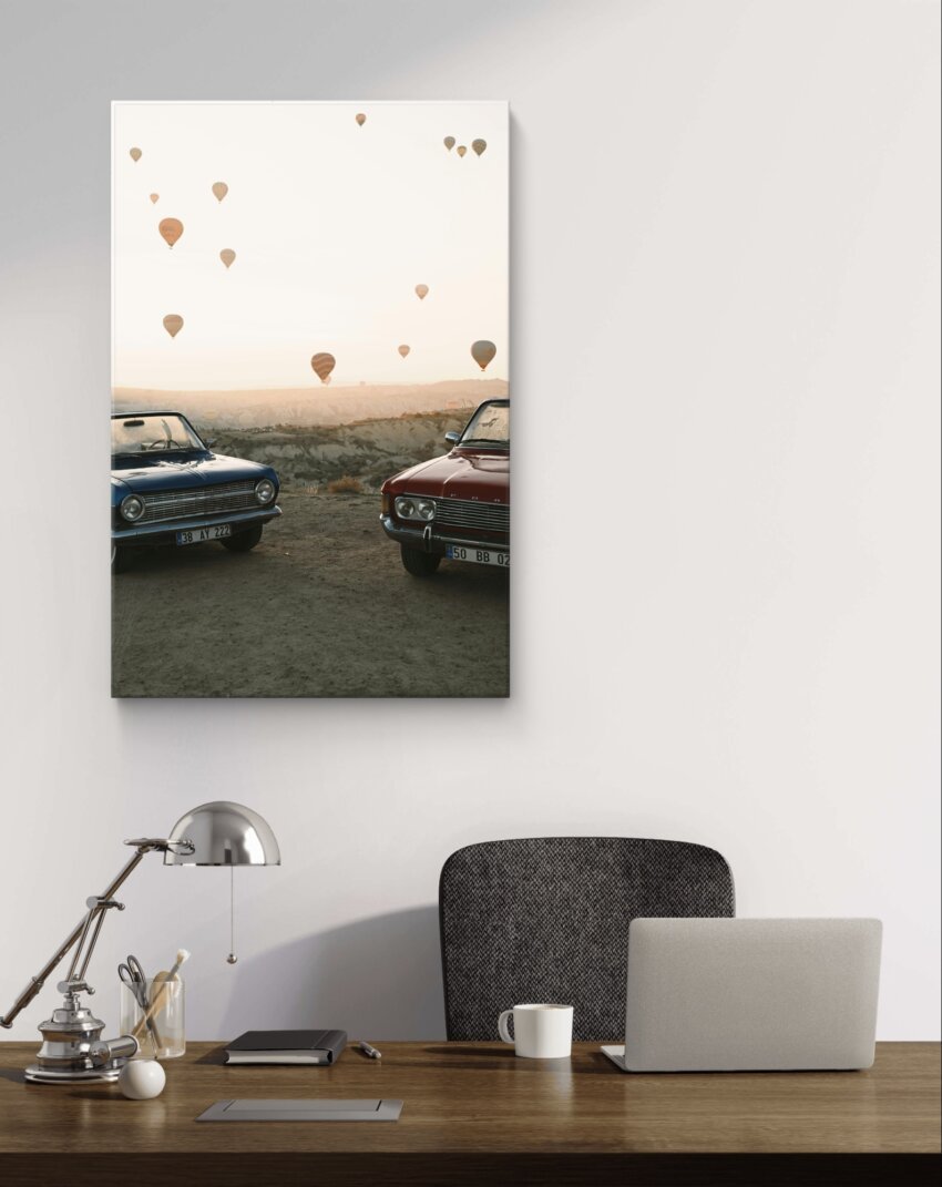 Vintage Cars and Hot Air Balloons at Sunrise Wall Art Print - Image 2
