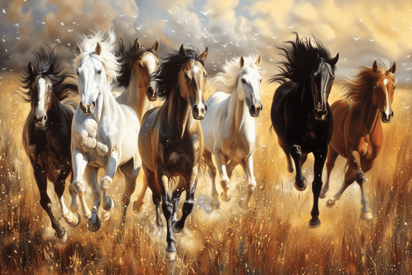 Seven Running Horses in Dreamy Field Wallpaper Mural