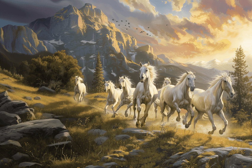Sunrise Seven White Stallions Wall Canvas or Poster Theme