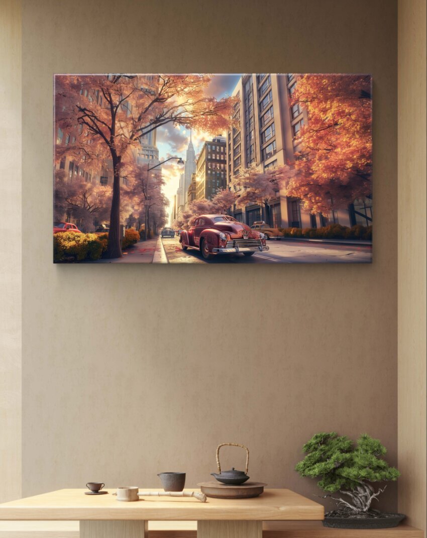 Vintage Car on Autumn City Street Wallpaper Mural - Image 2