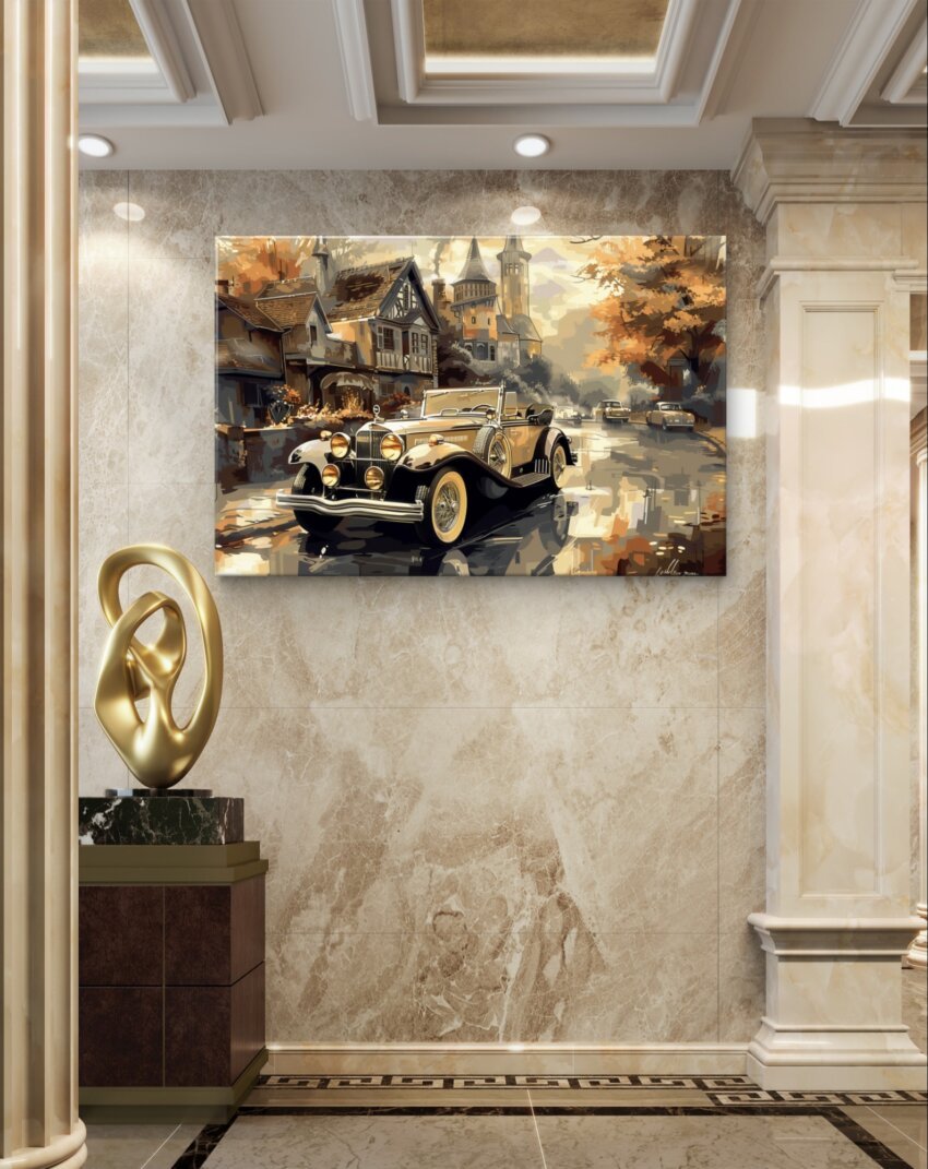Golden Vintage Car in Enchanting Village Wallpaper Mural on Vinyl - Image 2