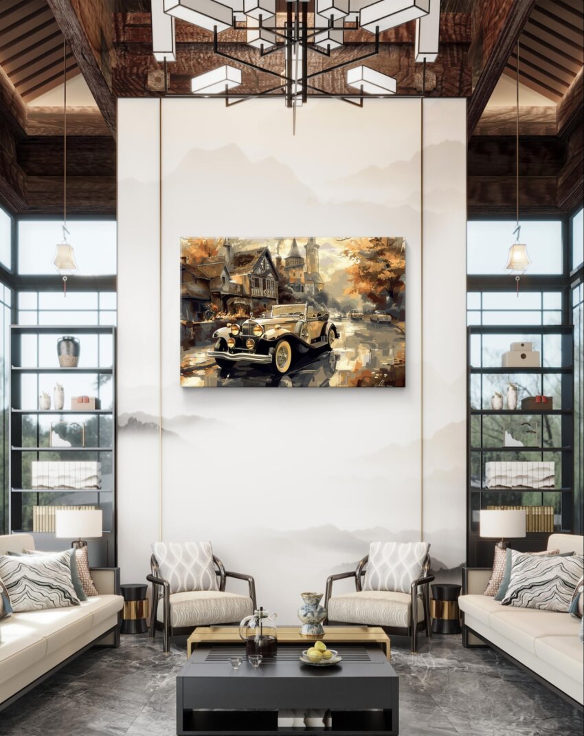 Golden Vintage Car in Enchanting Village Wallpaper Mural on Vinyl - Image 3