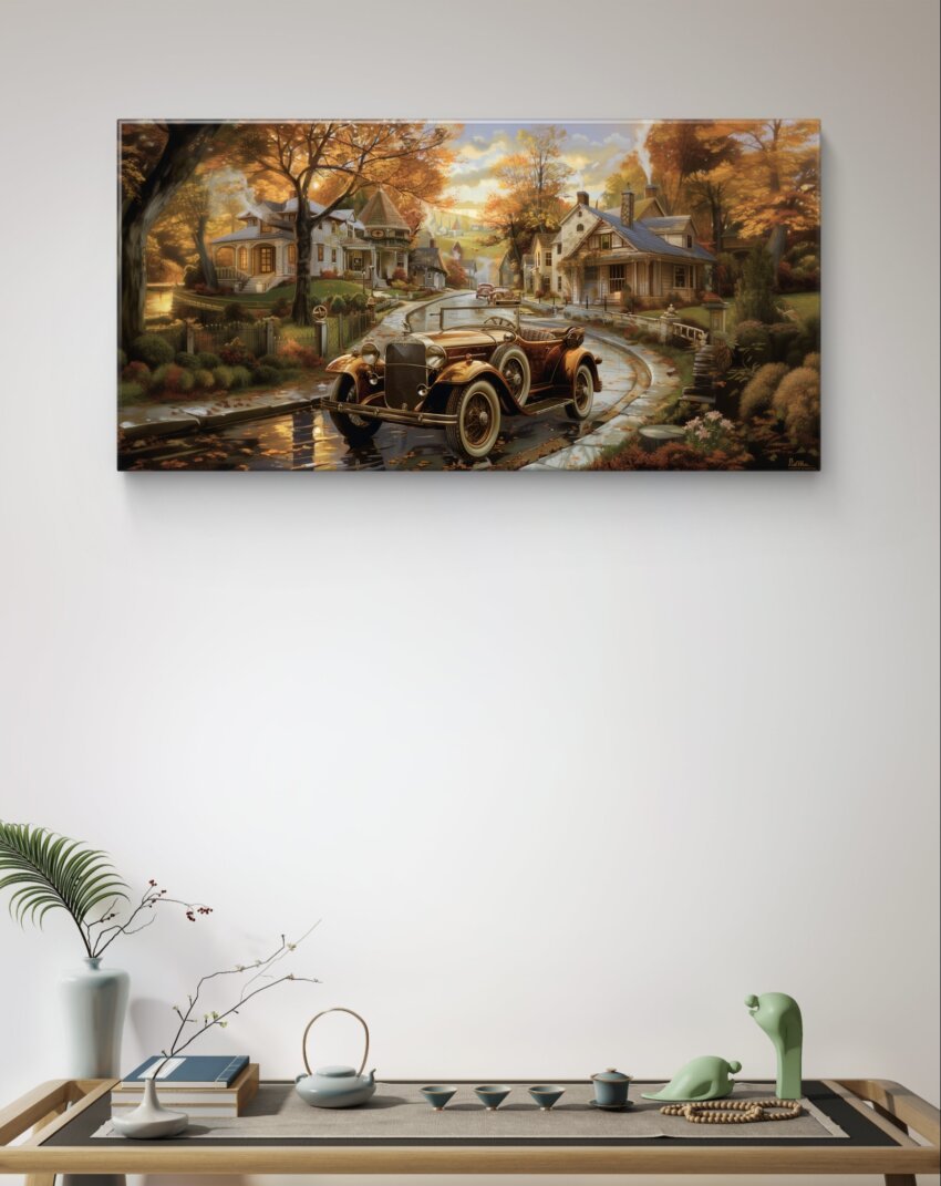 Vintage Car on a Cozy Street Wall Art Poster and Canvas - Image 2