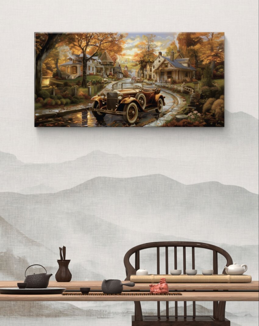 Vintage Car on a Cozy Street Wall Art Poster and Canvas - Image 3