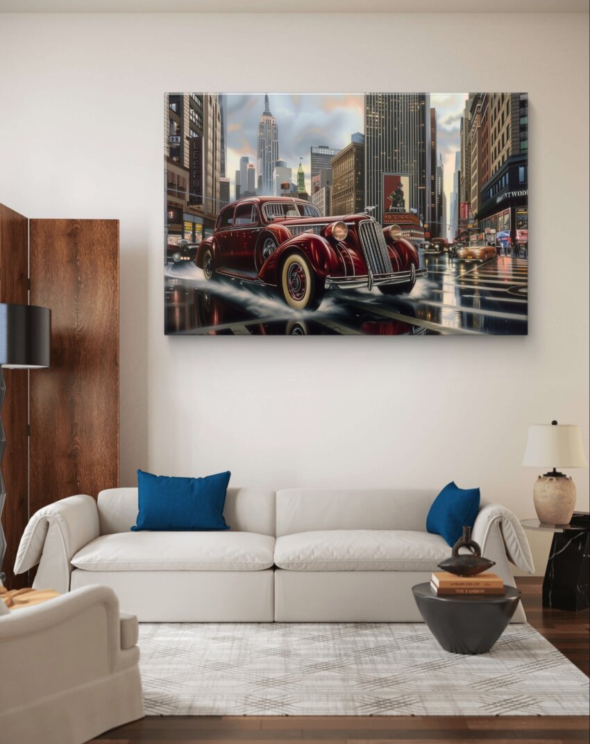 Vintage Car Cruising Through Historic City Wall Art Hanging - Image 2