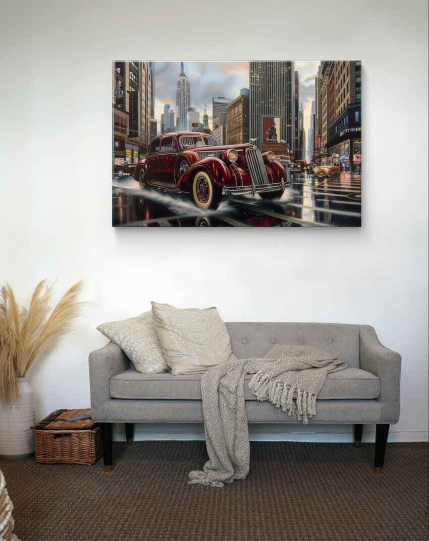 Vintage Car Cruising Through Historic City Wall Art Hanging - Image 3